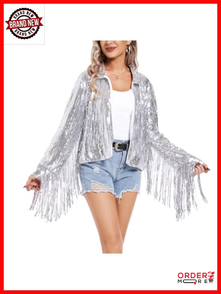Sequin Fringe Jacket Shiny Disco Cowgirl Theme Y2k Streetwear Glitter Tassel